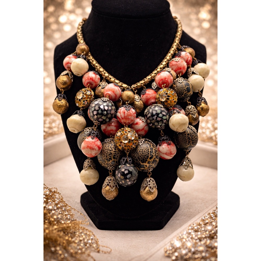 Vintage Hobe Signed Massive Bead Statement Bib Necklace Gold Tone Red Black‎